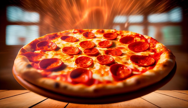 Pizza ai peperoni che esce dal forno con sfondo sfocato vista dall'alto IA generativa