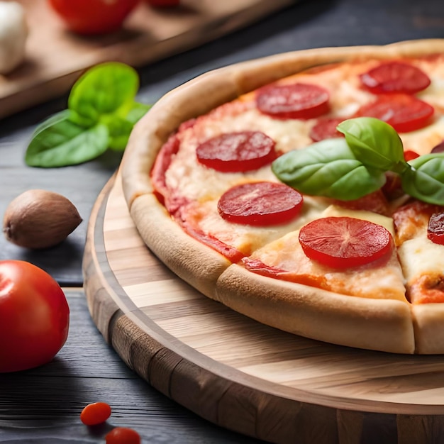 Pizza ai peperoni con prosciutto, salsiccia, parmigiano, pomodori e anelli di cipolla su una pietra nera