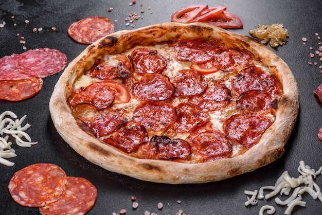 Pizza ai peperoni con salsa pizza, mozzarella e peperoni. Pizza in tavola con ingredienti