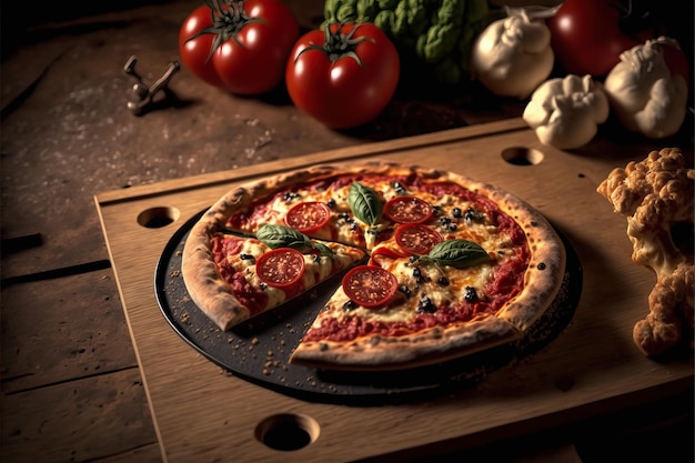 Pizza ai peperoni italiana tradizionale con salsa di pomodoro e rucola