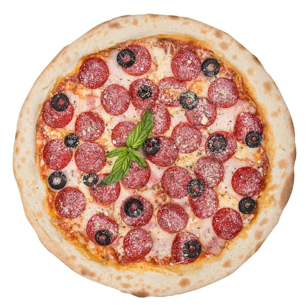 Pizza ai peperoni originale classica italiana saporita Vista dall'alto isolata su bianco