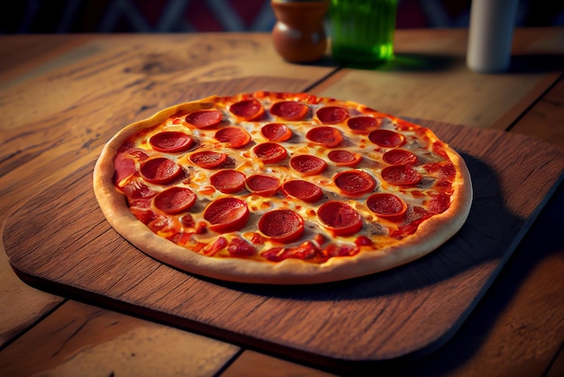 Pizza ai peperoni su legno marrone Illustrazione AI generativa