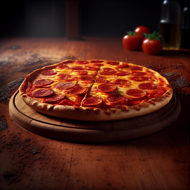 Pizza ai peperoni su legno marrone Illustrazione AI generativa