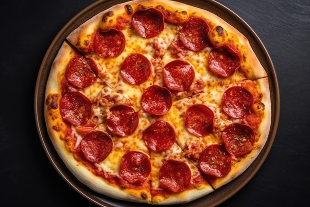 Pizza ai peperoni su un piatto bianco vista dall'alto IA generativa