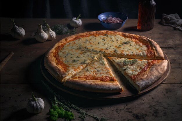 Pizza ai quattro formaggi con salsa di pomodoro e foglie di basilico