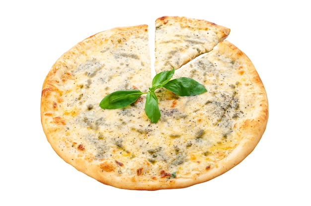 Pizza ai quattro formaggi. Salsa di Pomodoro, Mozzarella, Parmigiano Reggiano, Formaggio Duro, Dor-Blu, Origano. Sfondo bianco. Isolato. Avvicinamento.