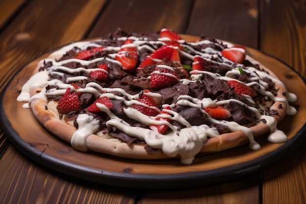 Pizza al cioccolato con fragola e salsa di crema acida e peperoncini rossi servita su un tavolo di legno