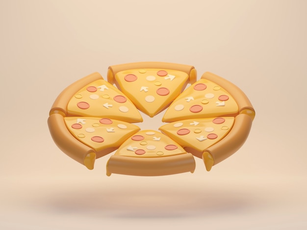 Pizza al formaggio tagliata in pezzi uguali sullo sfondo Piatto di quattro pizza al formaggio rendering 3d