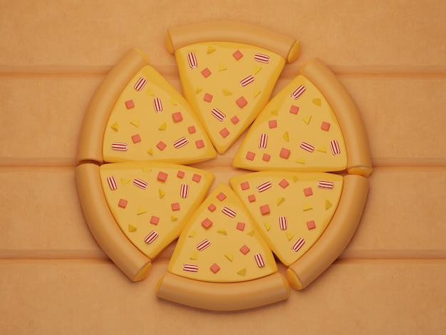 Pizza al formaggio tagliata in pezzi uguali sullo sfondo Piatto di quattro pizza al formaggio rendering 3d