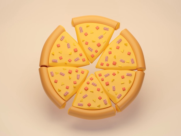 Pizza al formaggio tagliata in pezzi uguali sullo sfondo Piatto di quattro pizza al formaggio rendering 3d