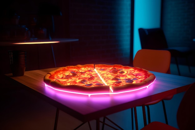 Pizza al neon incandescente sull'arte generata dalla rete neurale del tavolo