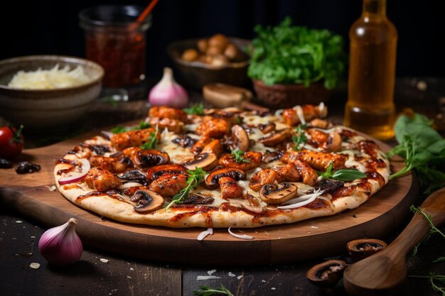 Pizza al pane piatto al barbecue di pollo e funghi