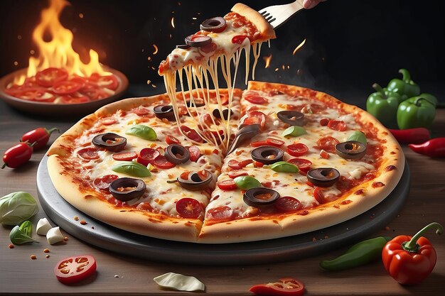 Pizza al pepperoni con formaggio filoso e deliziosi condimenti che volano fuori con fuoco e peperoncino