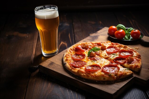 Pizza al pepperoni servita su un rustico tavolo di legno con birra o soda