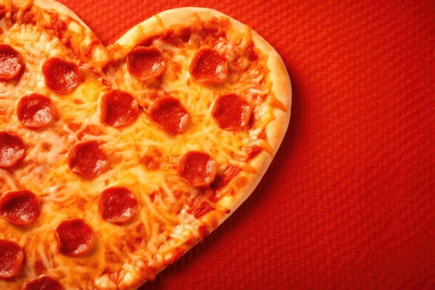 Pizza al salame a forma di cuore su sfondo di tessuto rosso