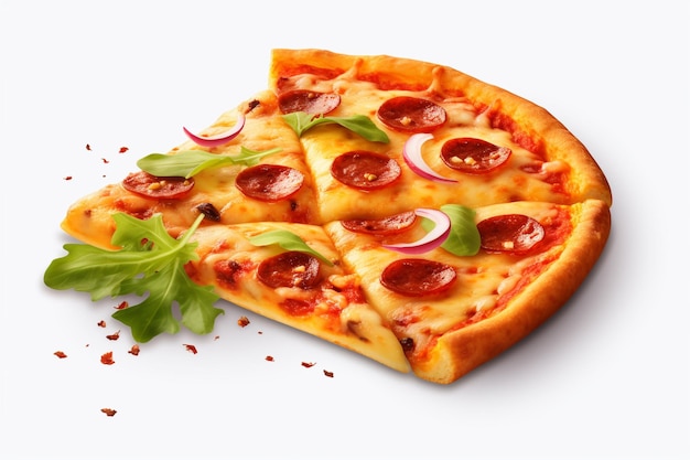 Pizza appena cotta con una fetta tagliata isolata su uno sfondo trasparente