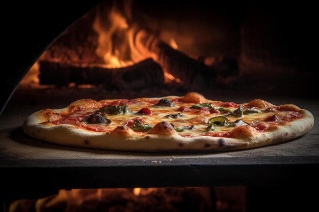 Pizza appena cotta in primo piano forno tradizionale a legna