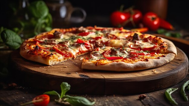 Pizza appena cucinata su uno sfondo di legno Generative Ai