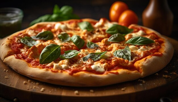 Pizza appena sfornata su tavola di legno rustica generata da AI