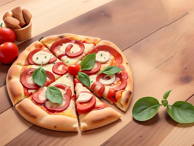 Pizza appena sfornata sulla tavola di legno rustica