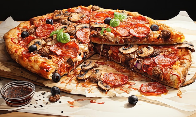 Pizza appetitosa con salsiccia sul tavolo Focus morbido selettivo