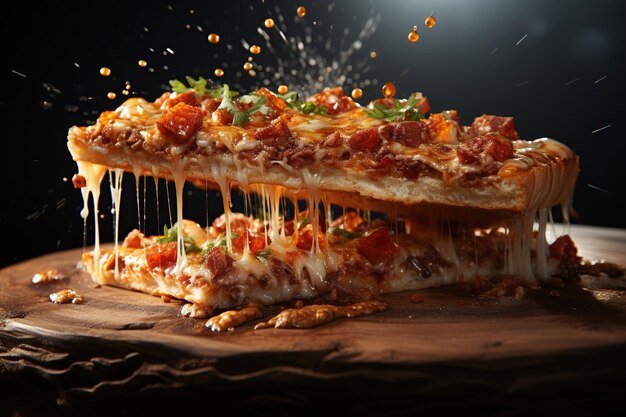 Pizza appetitosa e pezzi di pizza levitazione formaggio trasformato elastico IA generativa