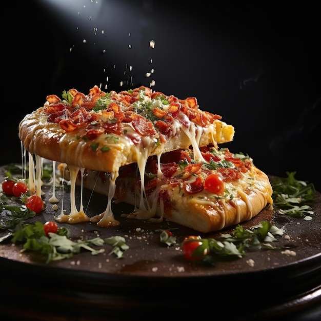 Pizza appetitosa e pezzi di pizza levitazione formaggio trasformato elastico IA generativa