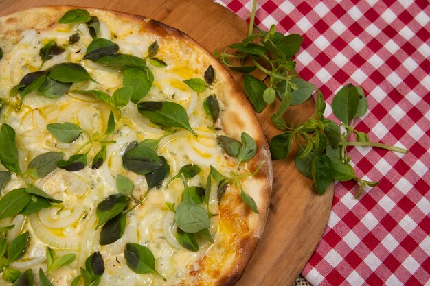 Pizza brasiliana con formaggio, mozzarella e basilico, vista dall'alto