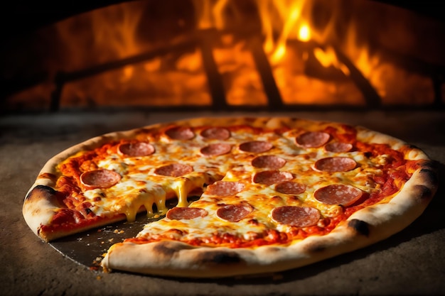 Pizza calda con peperoni su un tavolo di legno vicino al forno Generato da AI