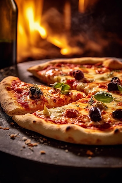 Pizza calda e gustosa con formaggio fuso nel ristorante