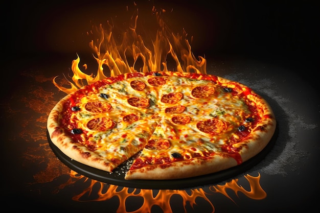 Pizza calda e piccante con fiamme e fuoco AI generativo