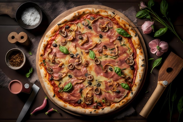 Pizza capricciosa a base di prosciutto e funghi. Fotografia tradizionale italiana della pizza