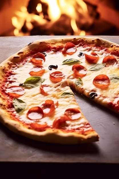 Pizza capricciosa fatta in casa con fuoco nel forno consegna online da pizzeria take away e fast food italiano generativo ai