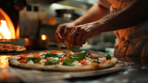 Pizza chef che finisce la preparazione di una gustosa pizza nella cucina di un ristorante di pizzeria professionale