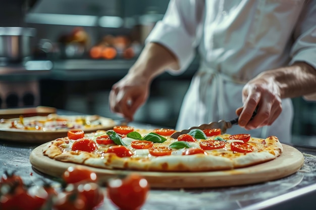 Pizza chef che finisce la preparazione di una gustosa pizza nella cucina di un ristorante di pizzeria professionale