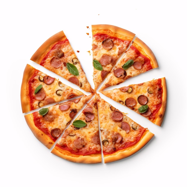 Pizza classica della pizzeria vista dall'alto con fette tagliate isolate su uno sfondo bianco