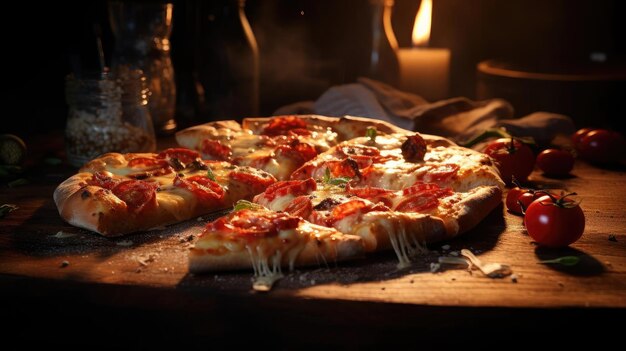 Pizza completa con verdure e carne su tavola di legno con sfondo sfocato