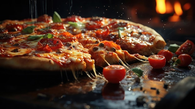 Pizza completa con verdure e carne su tavola di legno con sfondo sfocato