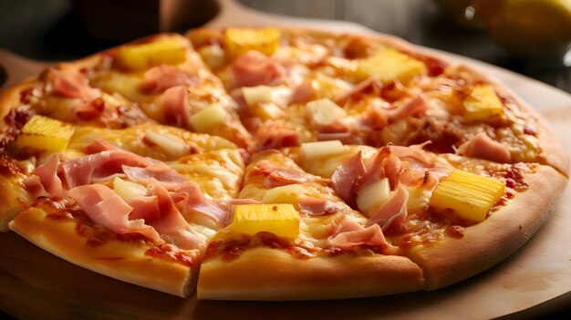 Pizza con ananas su tavola e tavola di legno
