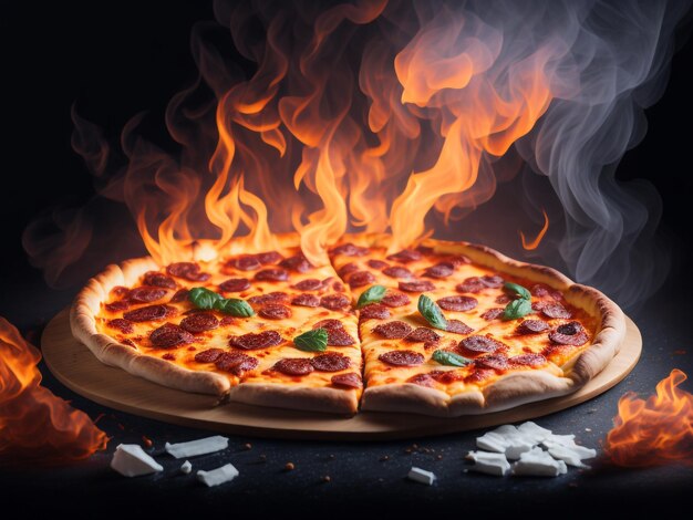Pizza con effetti di fumo e fuoco sullo sfondo generati dall'AI