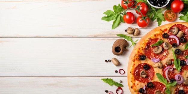 Pizza con funghi e pomodori su un tavolo di legno