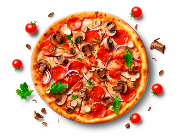 Pizza con funghi pomodori e cipolla isolati su sfondo bianco AI Generato