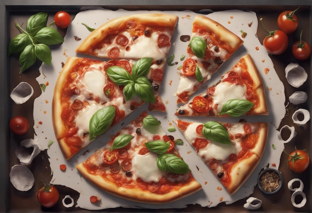 pizza con mozzarella di pomodoro olive e basilico su una tavola di legno pizza con moccarella di tomato