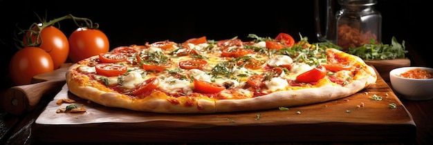 Pizza con mozzarella pomodori e basilico su fondo in legno IA generativa