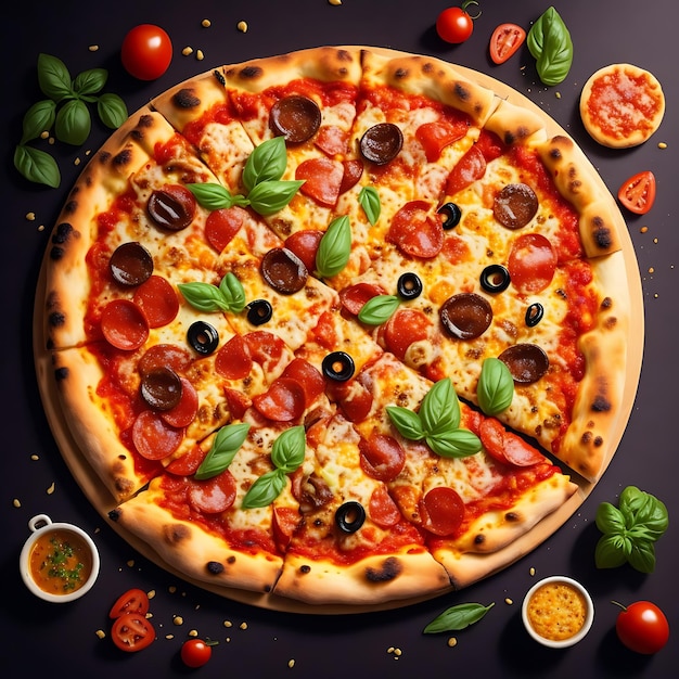 pizza con pomodori, funghi e olive, cucina italiana, fast food.