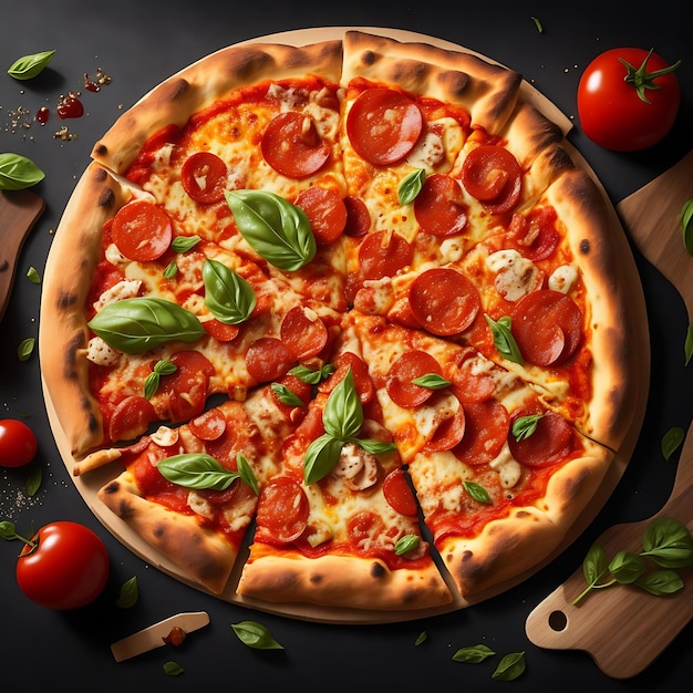 pizza con pomodori, funghi e olive, cucina italiana, fast food.