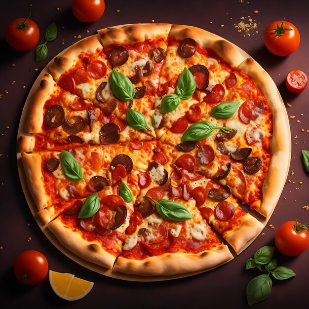 pizza con pomodori, funghi e olive, cucina italiana, fast food.