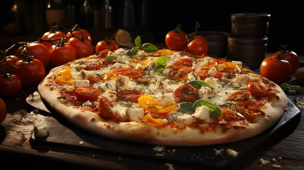 Pizza con pomodori mozzarella e basilico su uno sfondo scuro
