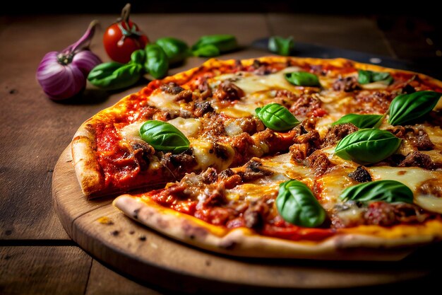 Pizza con pomodoro e basilico su un tavolo di legno