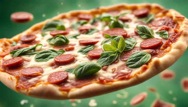 Pizza con salame, basilico e mosche di formaggio su uno sfondo verde con briciole